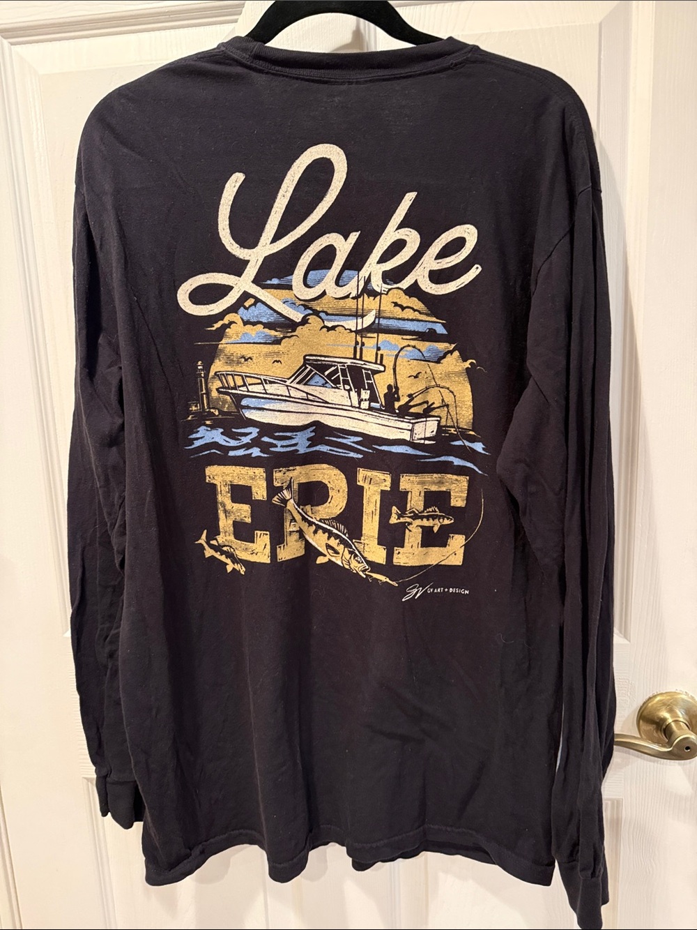 GV Art & Design Black Long Sleeve Lake Erie Fishing Graphic Tee